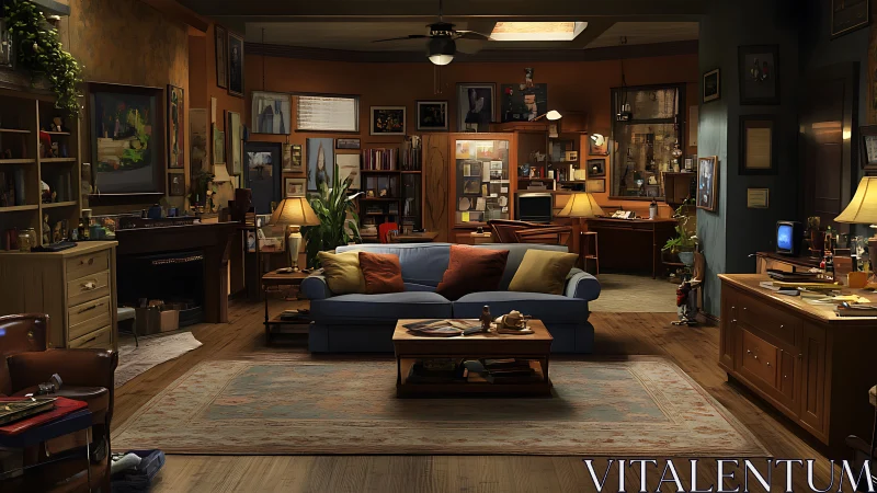 Eclectic living room merged with study and media workspace.