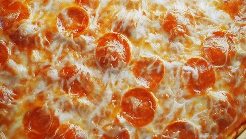 Macro overhead of baked pepperoni and melted mozzarella pizza