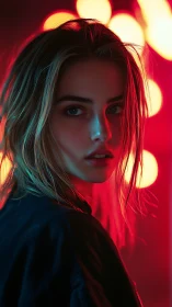 Neon-lit portrait of woman with moody backlight glow.