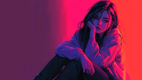 Neon-lit introspective girl in moody cyberpunk hues.