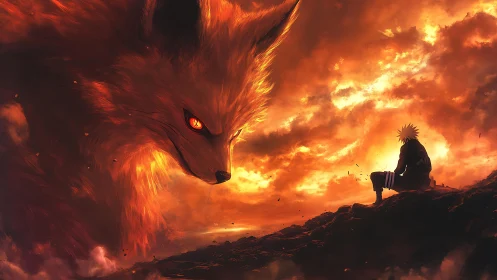 Blazing fox spirit confronts lone warrior in burning sky.