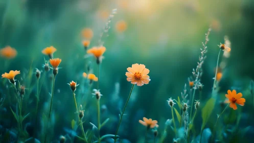 Orange Calendula Blooms in Soft-Focus Field with Selective Depth.