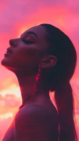 Silhouetted woman in neon sunset glow embraces serenity.