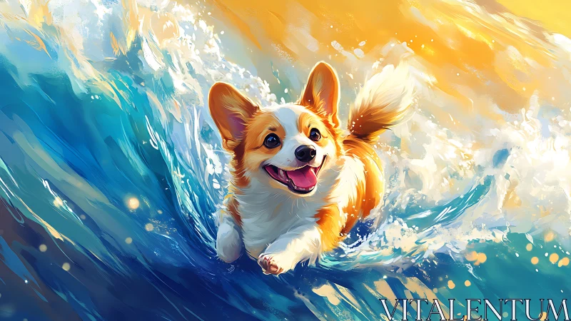 Happy corgi runs through bright ocean surf at sunset.