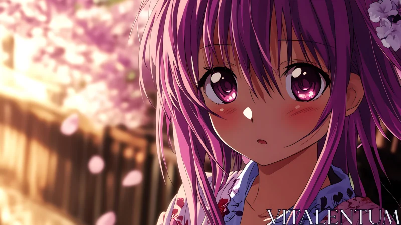 Anime girl with pink hair stands under soft cherry blossoms