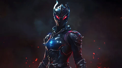 Armored sci fi warrior with glowing red eyes in darkness.