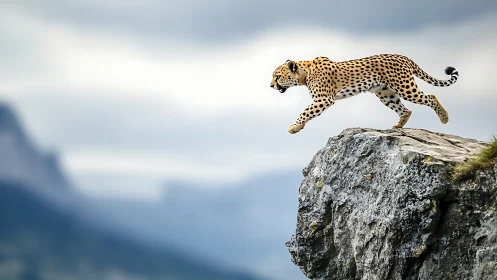 Cheetah leaps from rocky cliff edge above blurred valley