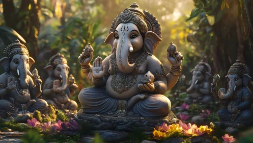 Ganesh statues in jungle glade with volumetric dawn lighting.