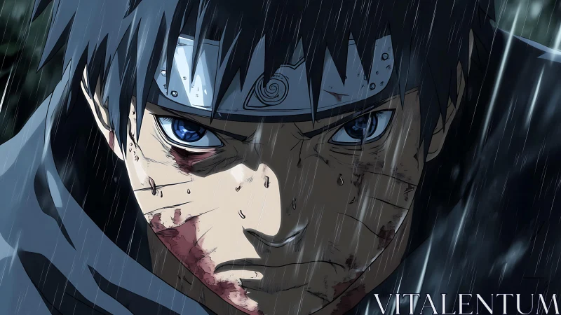 Wounded anime warrior glares through relentless storm rain