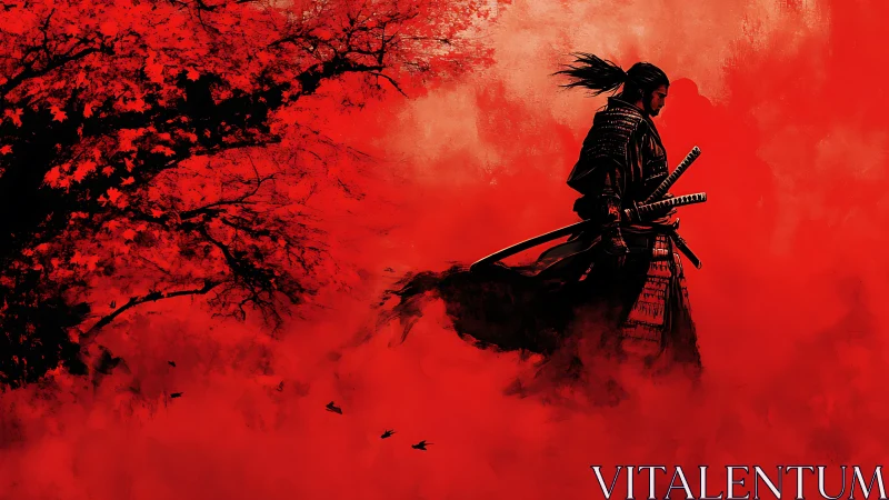 Lone samurai silhouette walking through red misted field.