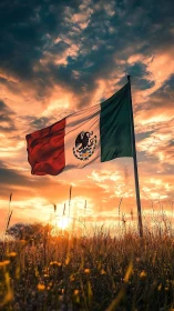 Sunlit Mexican flag dancing above a golden prairie sky.