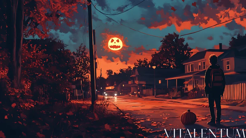 Boy watches jack o lantern moon over suburban street
