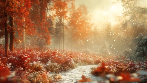 Autumnal Forest Pathway with Golden Sunlight and Particle Effects.