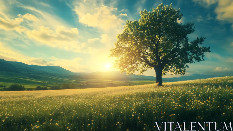 Golden meadow sunset with a solitary tree in bloom.