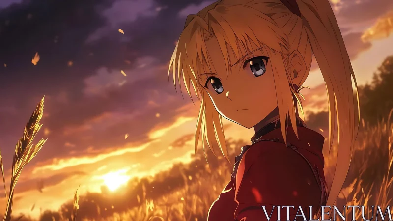 Backlit anime portrait in golden-hour wheat field under storm clouds