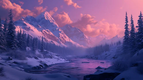 Snow covered mountain valley with river at pink twilight.