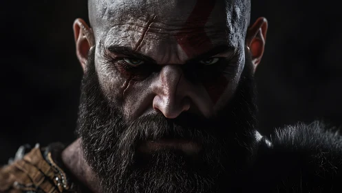 Warrior close-up with scarred face, war paint, intense gaze.