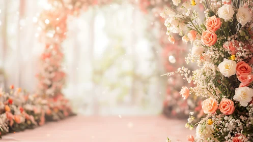 Photorealistic floral aisle with soft-focus ceremonial archway.