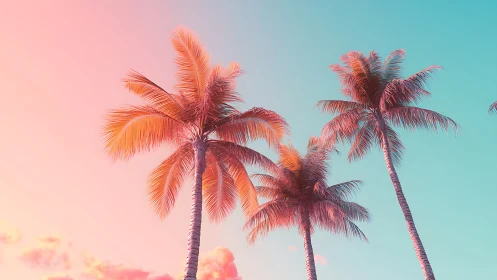 Gradient-lit palm trees under stylized cyan-magenta tropical sky