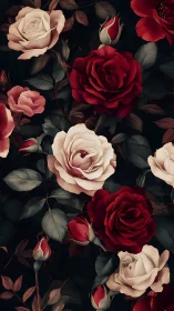Deep crimson and blush roses bloom against darkness.