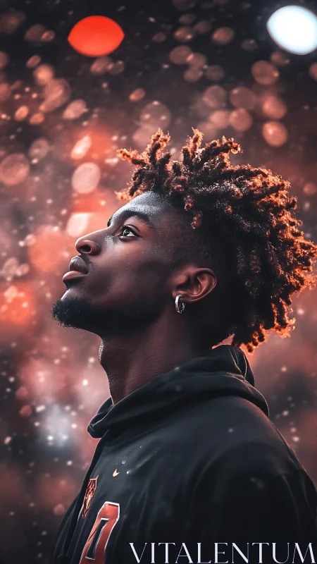 Side-lit dreamer beneath ember-bright urban starlight.