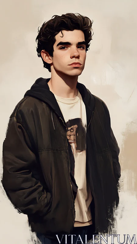 Moody portrait of young man in oversized dark jacket