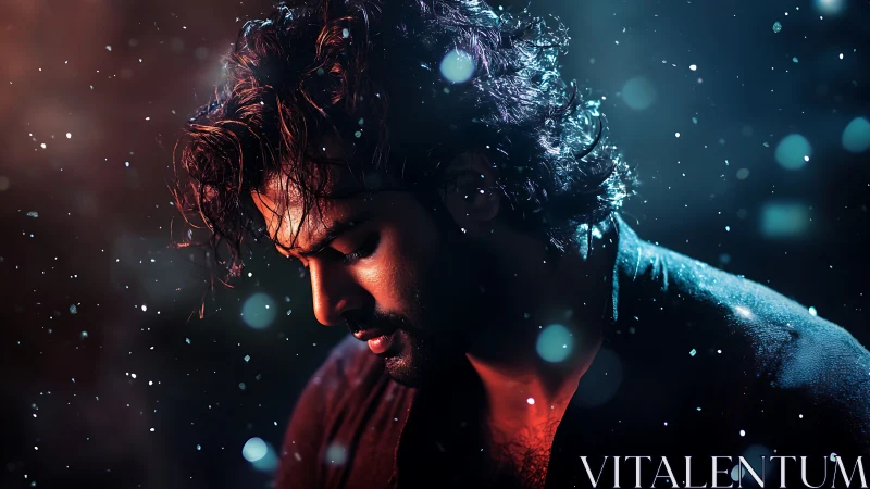 Cinematic low key portrait with bokeh particles and split lighting