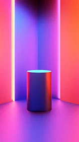 Neon-lit cylinder glows in immersive gradient corner space.
