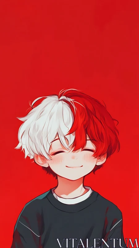 Child with red and white hair against uniform red backdrop.