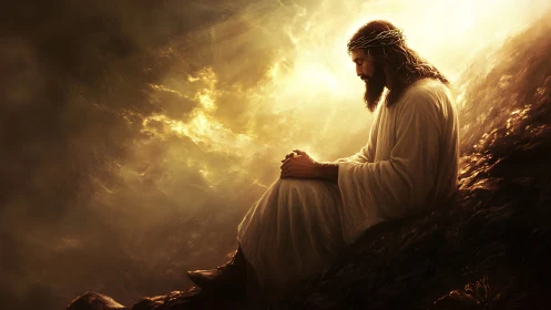 Solitary robed figure seated on rocky slope in golden light.