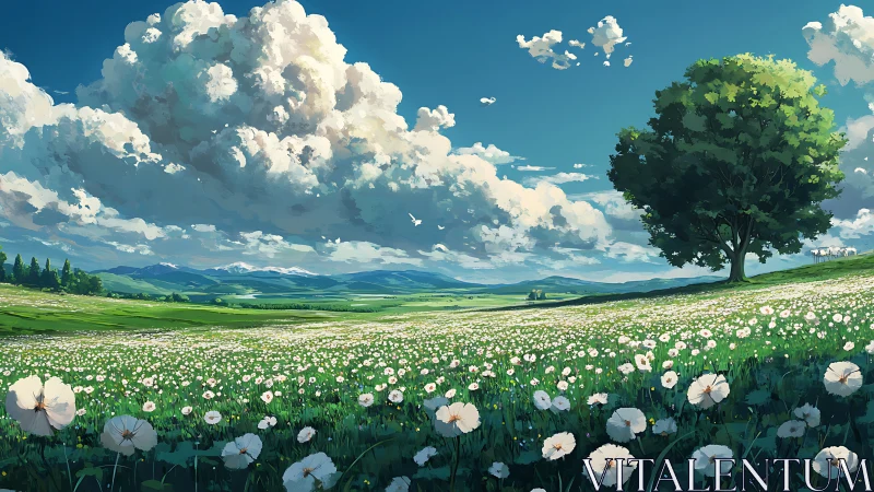 Sunlit wildflower meadow under sculpted cumulus sky.