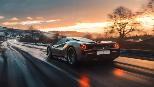 Sports car travels on wet rural road at winter sunset
