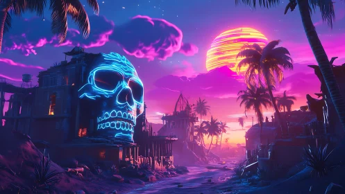 Neon skull shoreline under candy sunset skies at dusk.