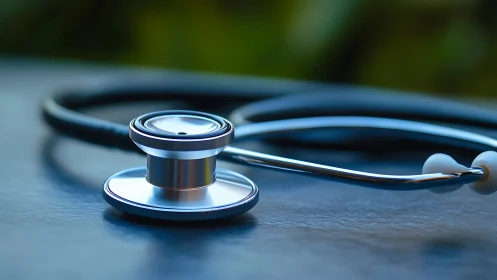 Clinical stethoscope close-up on reflective exam surface.