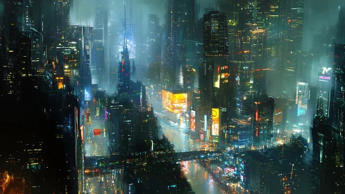 Dense neon-lit megacity skyline rendered in atmospheric cyberpunk haze