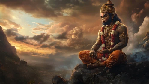 Peaceful monkey sage resting under a glowing evening sky.