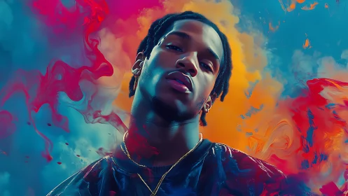 Portrait of young man against vivid swirling color clouds