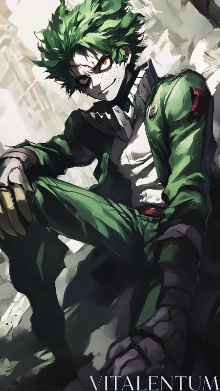 Intense green haired anime fighter in torn uniform sits.