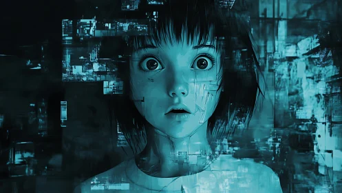 Wide eyed digital girl pauses within a glowing glitch world