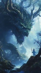 Forest titan leans down as a lone mage steadies the light