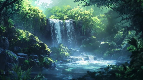 Luminous Forest Waterfall with Ethereal Canopy Illumination
