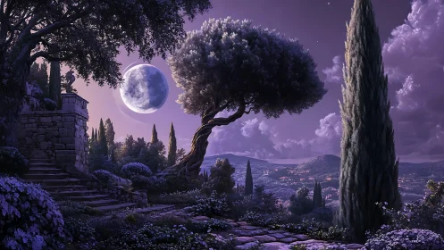 Purple moonlit hillside garden with cypress trees at night.