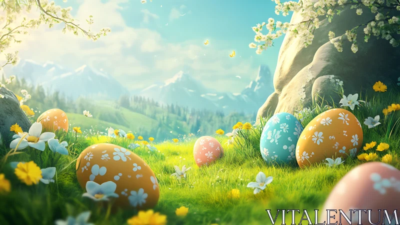 Springtime Easter eggs rest in a bright mountain meadow