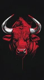 Red bull portrait with graphic inked horns on black field.