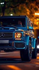 Blue Mercedes G-Class SUV captured at night on city street