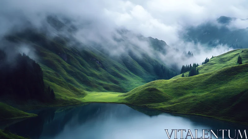 Mist-draped alpine valley with reflective glacial lake basin