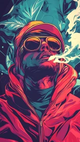 Hooded figure exhales vapor under neon tropical foliage glow