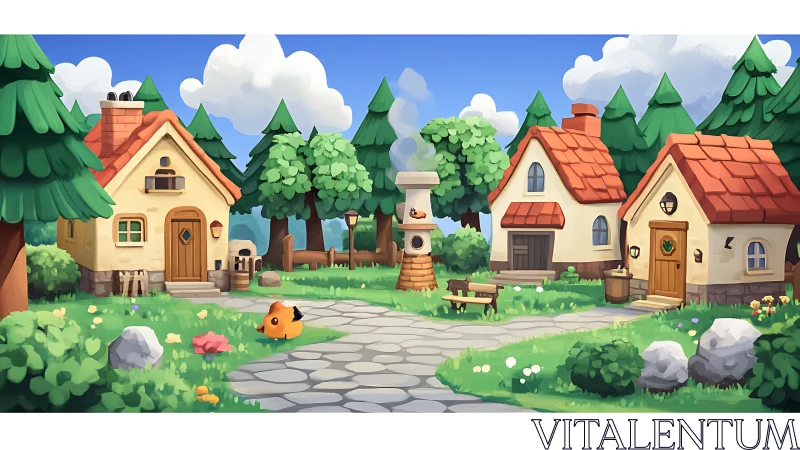 Sunny cartoon village path winds through cozy forest homes
