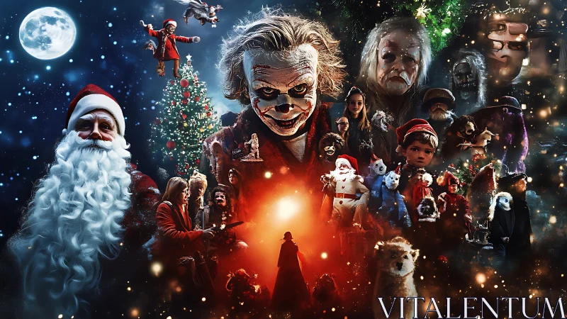 Cinematic collage contrasts festive Santa iconography with horror-clown