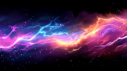 Glowing cosmic river of neon light drifting through space.
